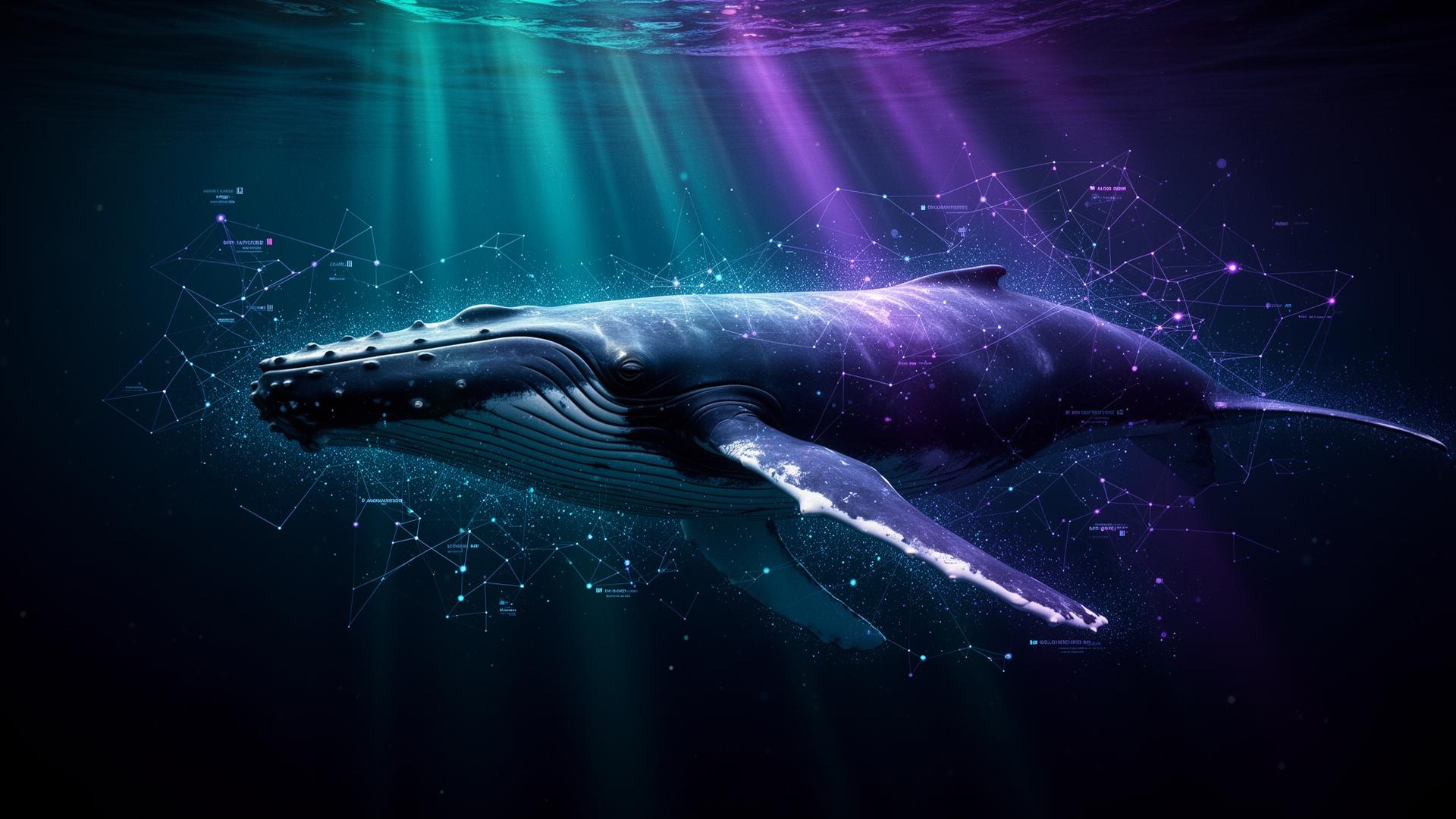 Blue whale gliding through bioluminescent network in deep ocean